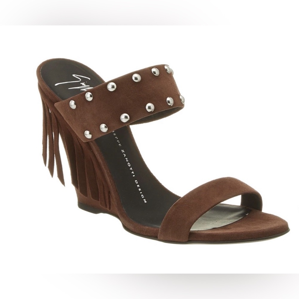 Giuseppe Zanotti Fringe Wedge Suede Slide Mules, Size 37, NEW, Retail $695